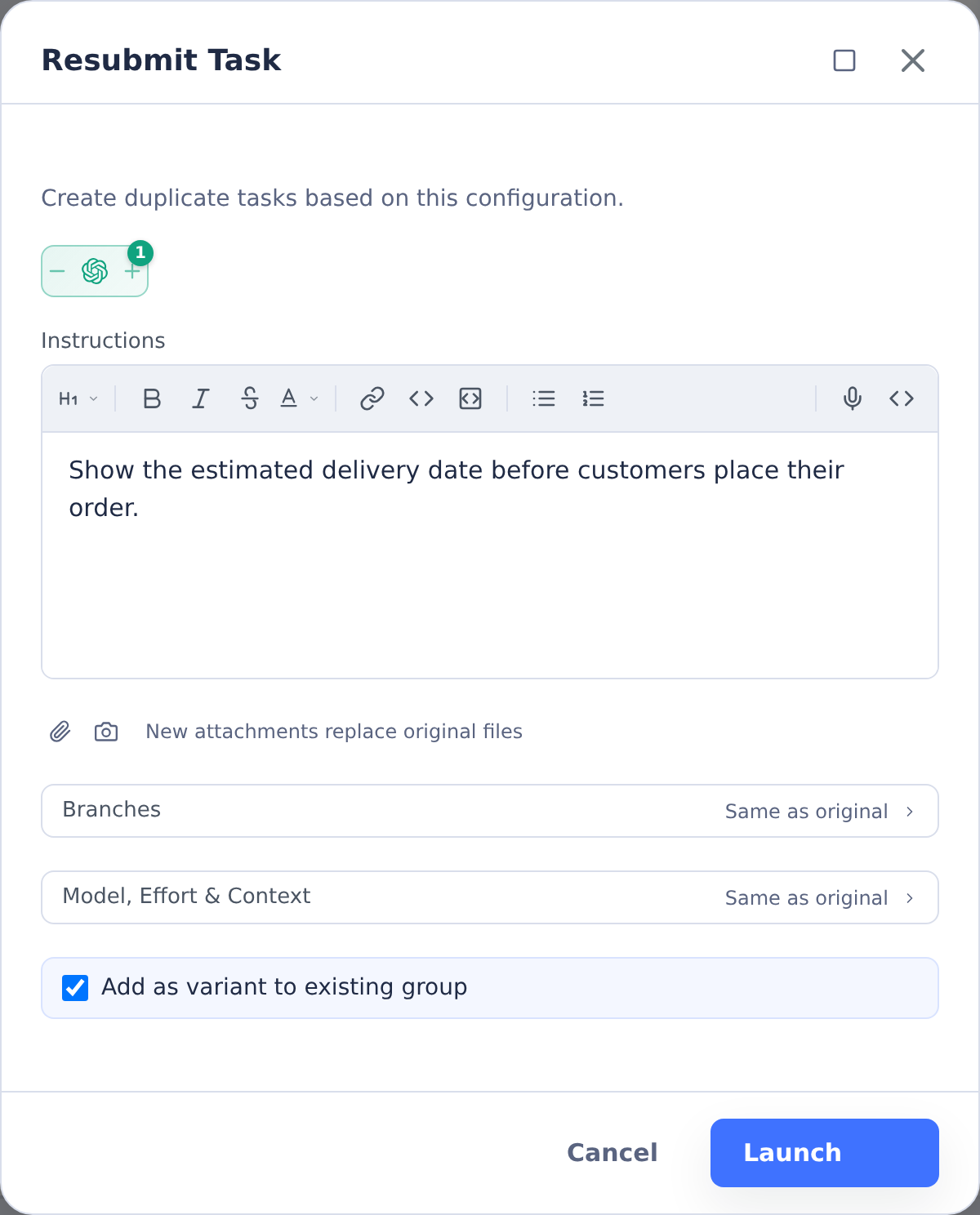 Resubmit Show delivery dates with Codex selected, editable instructions, attachments and Add as variant checked