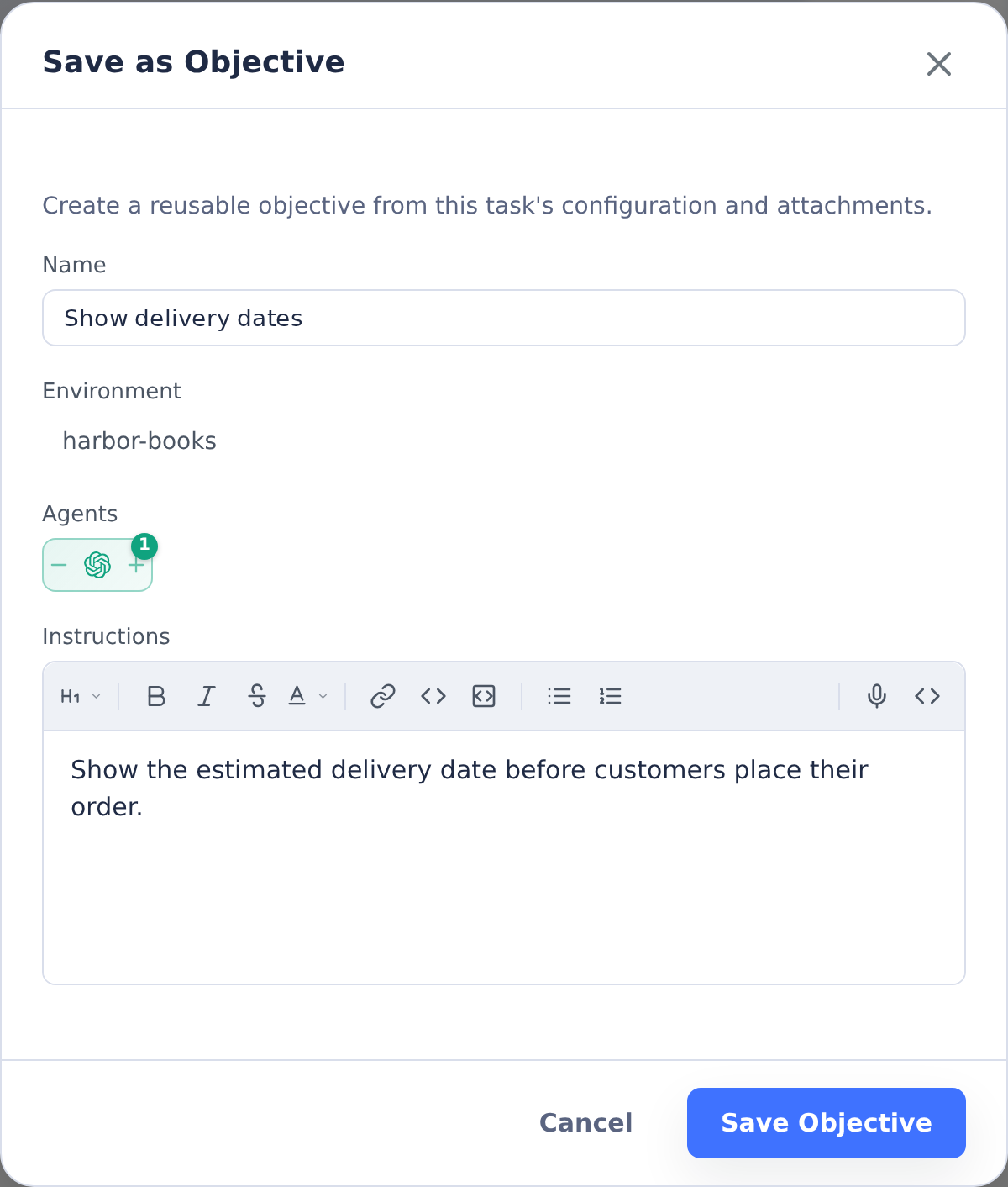 Save as Objective dialog with the Harbor Books environment, delivery-date instructions and Codex selection