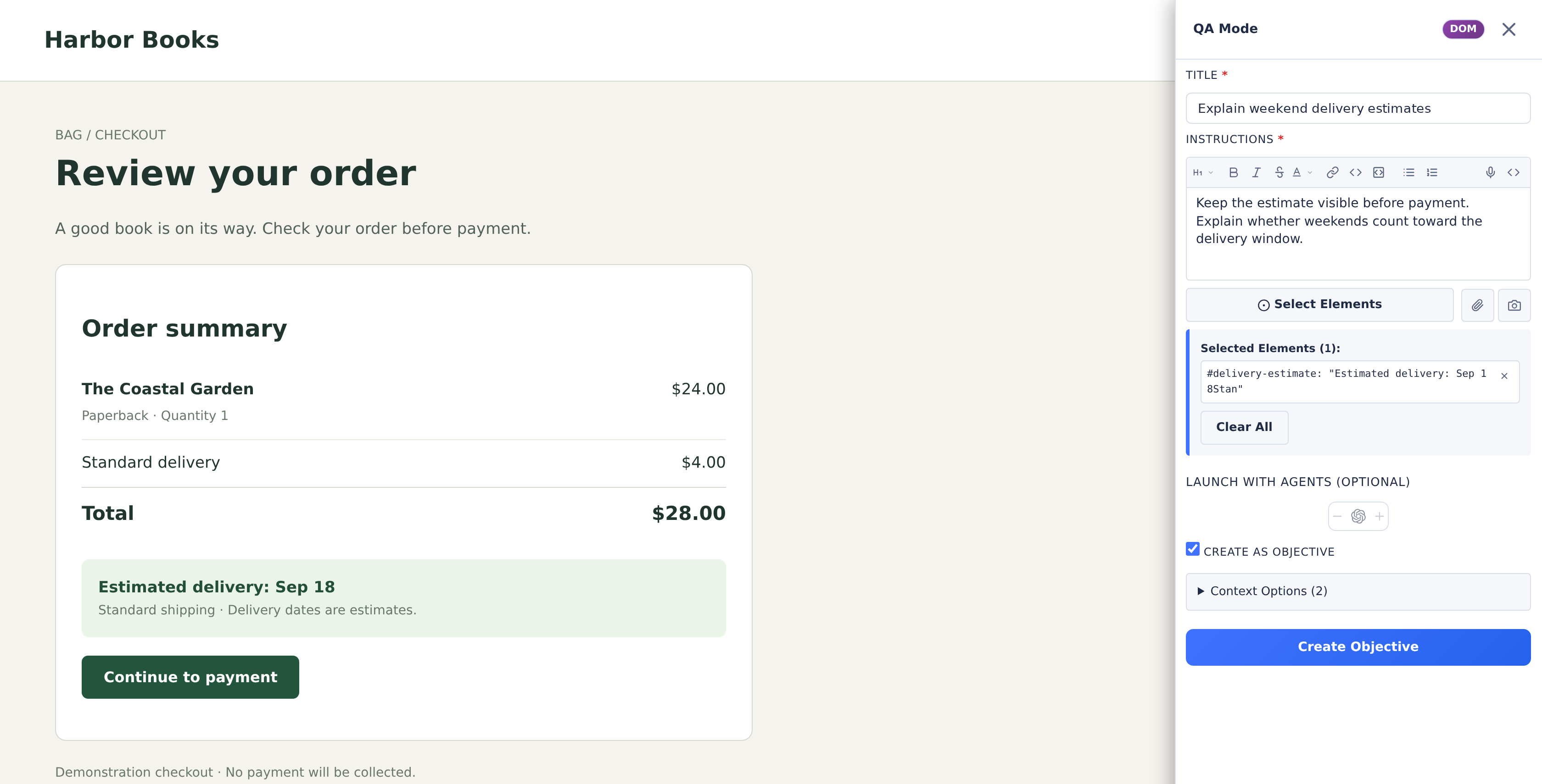 Harbor Books checkout through QA Mode with the delivery estimate selected and an objective ready to create