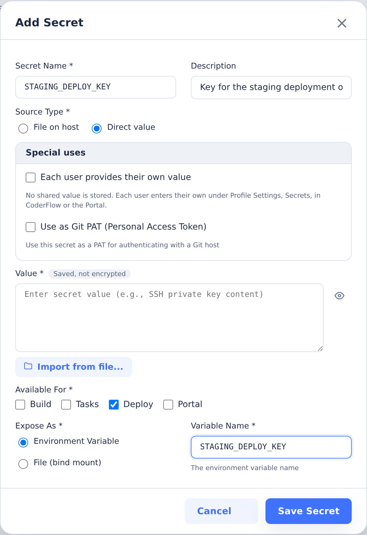 Secret configuration named STAGING_DEPLOY_KEY with Deploy availability only and an empty value
