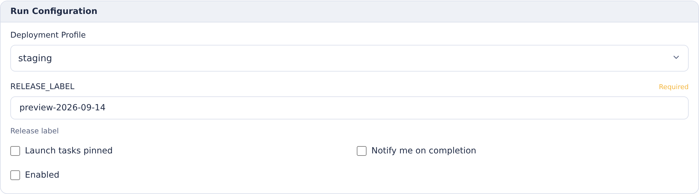Deployment automation Run Configuration with staging profile, release parameters and Enabled off