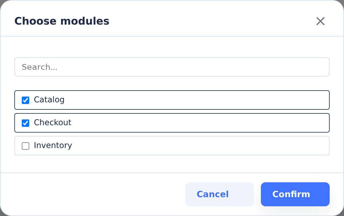 Module picker with Catalog and Checkout selected for two template tasks