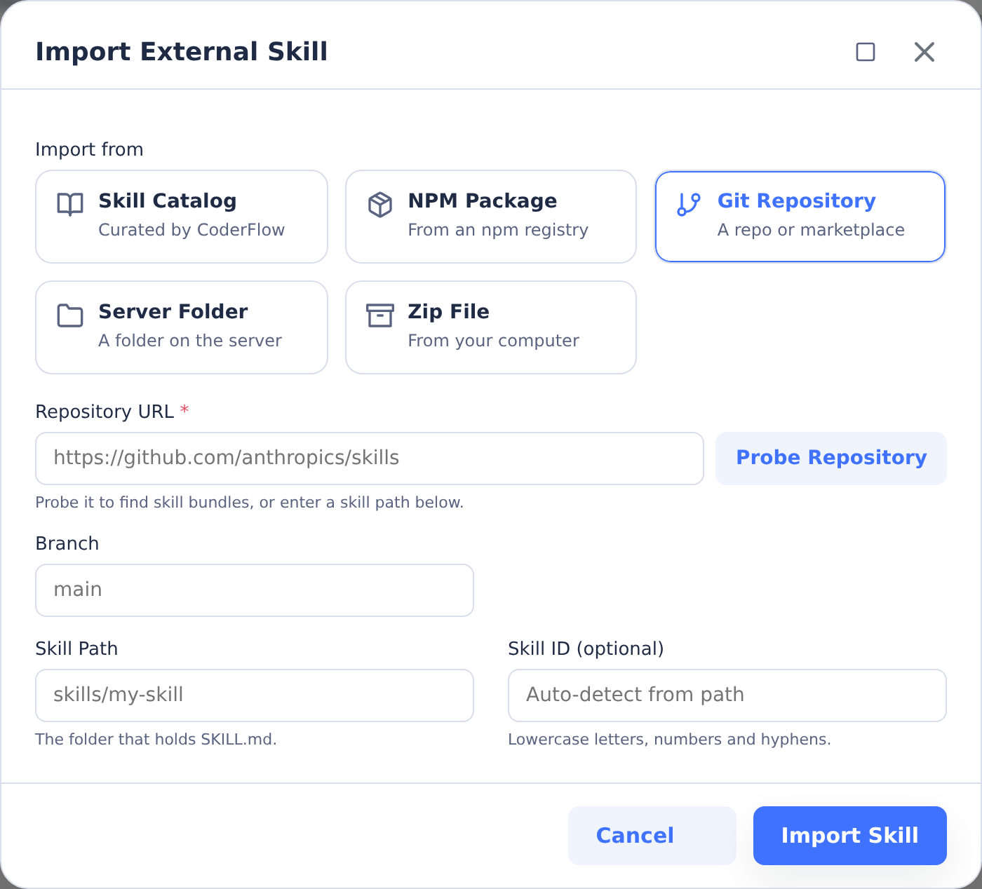 Import External Skill dialog with Catalog, NPM, Git, Server Folder and Zip File methods