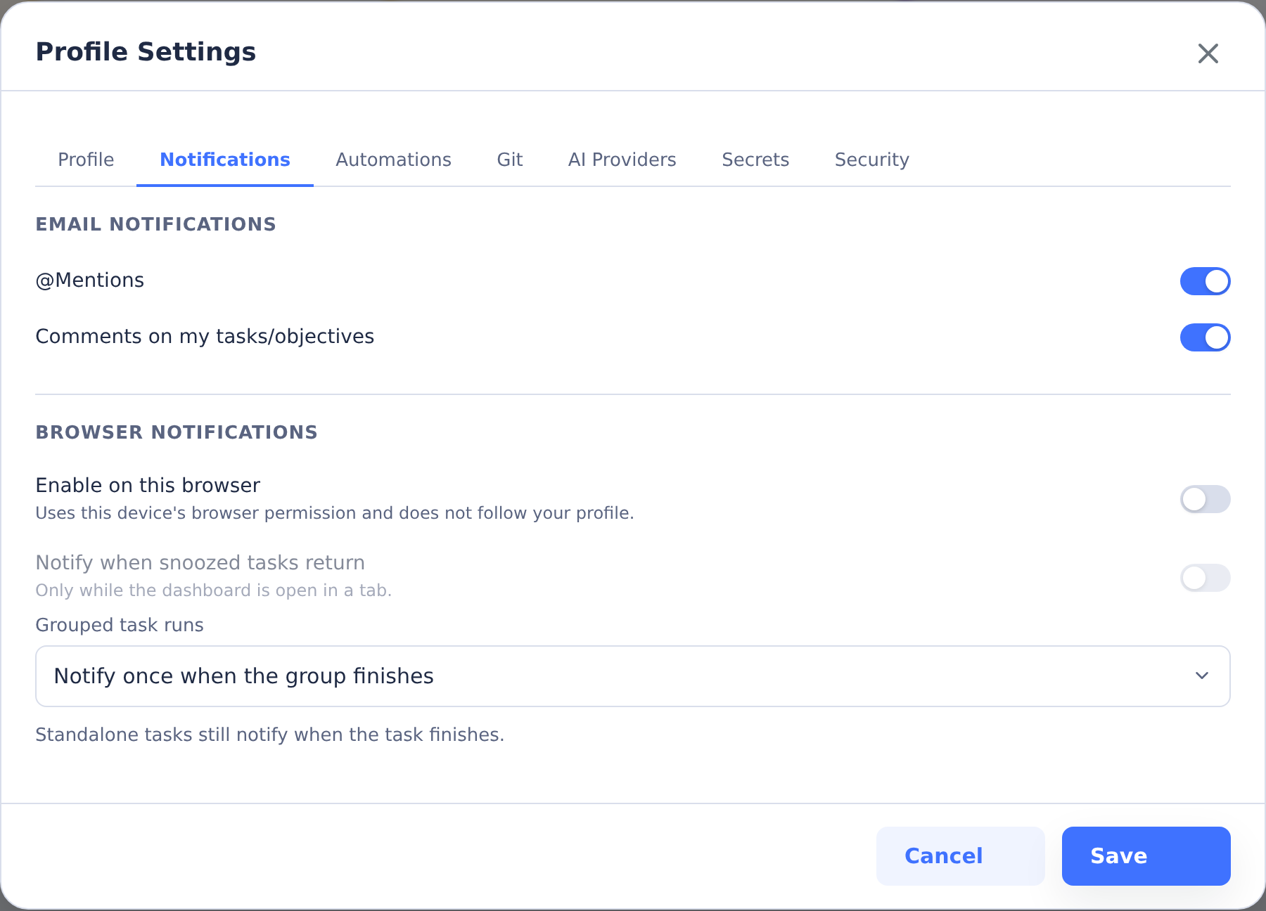 Developer Profile Settings Notifications tab with email preferences, browser enable toggle and grouped task notifications