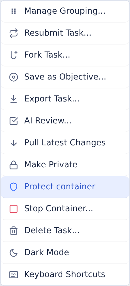 Task More actions menu with Protect container available for Show delivery dates