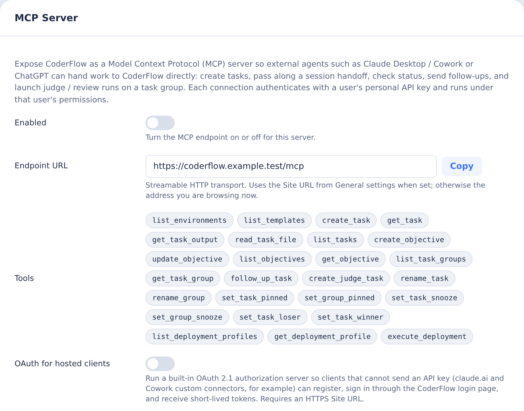 MCP Server settings with endpoint URL, exposed tools and OAuth controls switched off