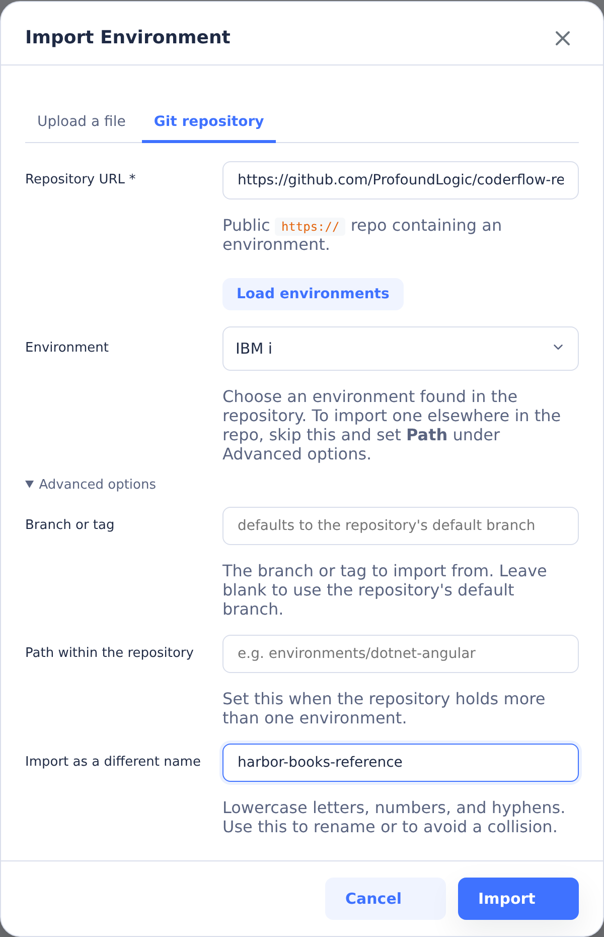 Import Environment from Git with IBM i selected and harbor-books-reference as the environment name