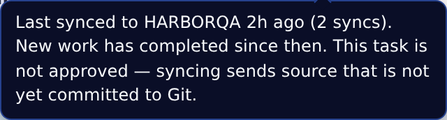 Sync tooltip showing two previous syncs to HARBORQA and new work completed since the last sync