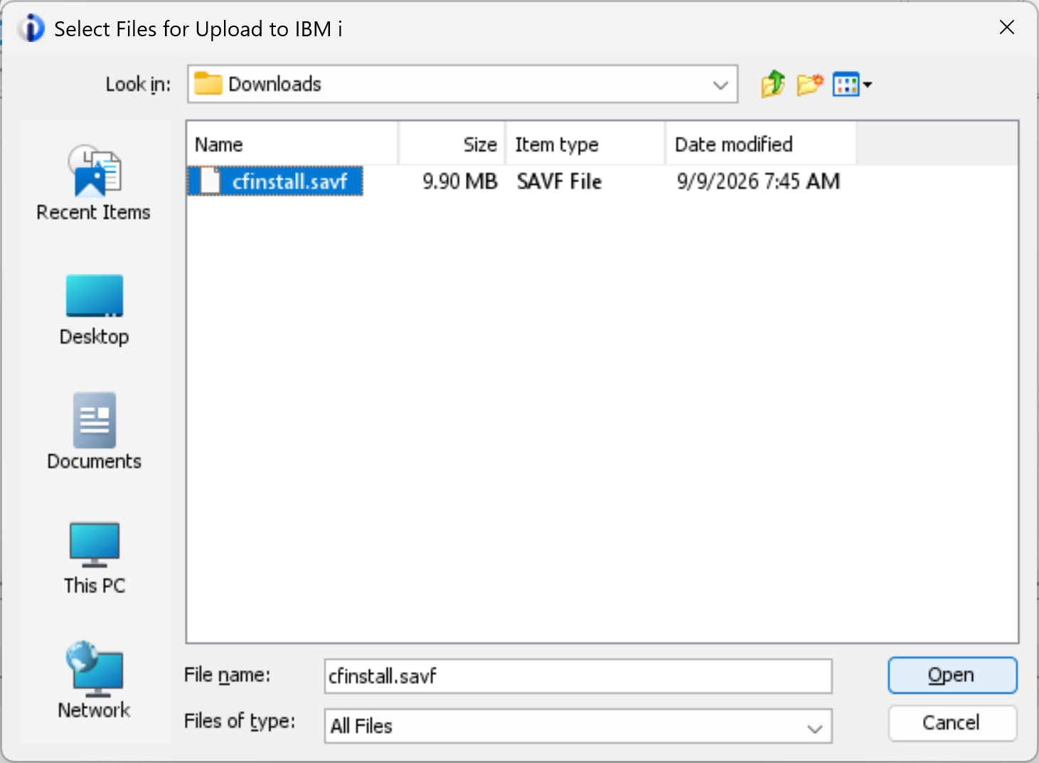 ACS file chooser with cfinstall.savf selected and the Open button visible